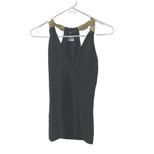 Vtg Y2K INC International Women Black Silk Tank Top M Gold Chain Halter Club